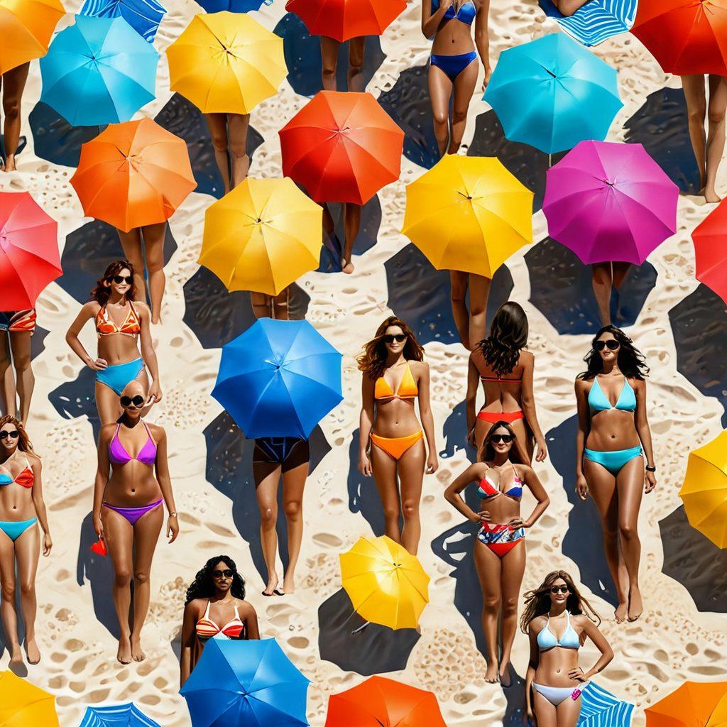A stylish beach scene depicting a diverse group of adults in fashionable swimwear, gracefully straddling the line between elegance and allure. Bright, sun-kissed colors highlighting the unique designs of the swimwear, surrounded by beach umbrellas and sandy shores. The atmosphere conveys a sense of confidence and freedom, with soft waves lapping in the background. The composition captures a vibrant summer day filled with playful energy and sophistication. super-realistic. vibrant colors. summer vibes.