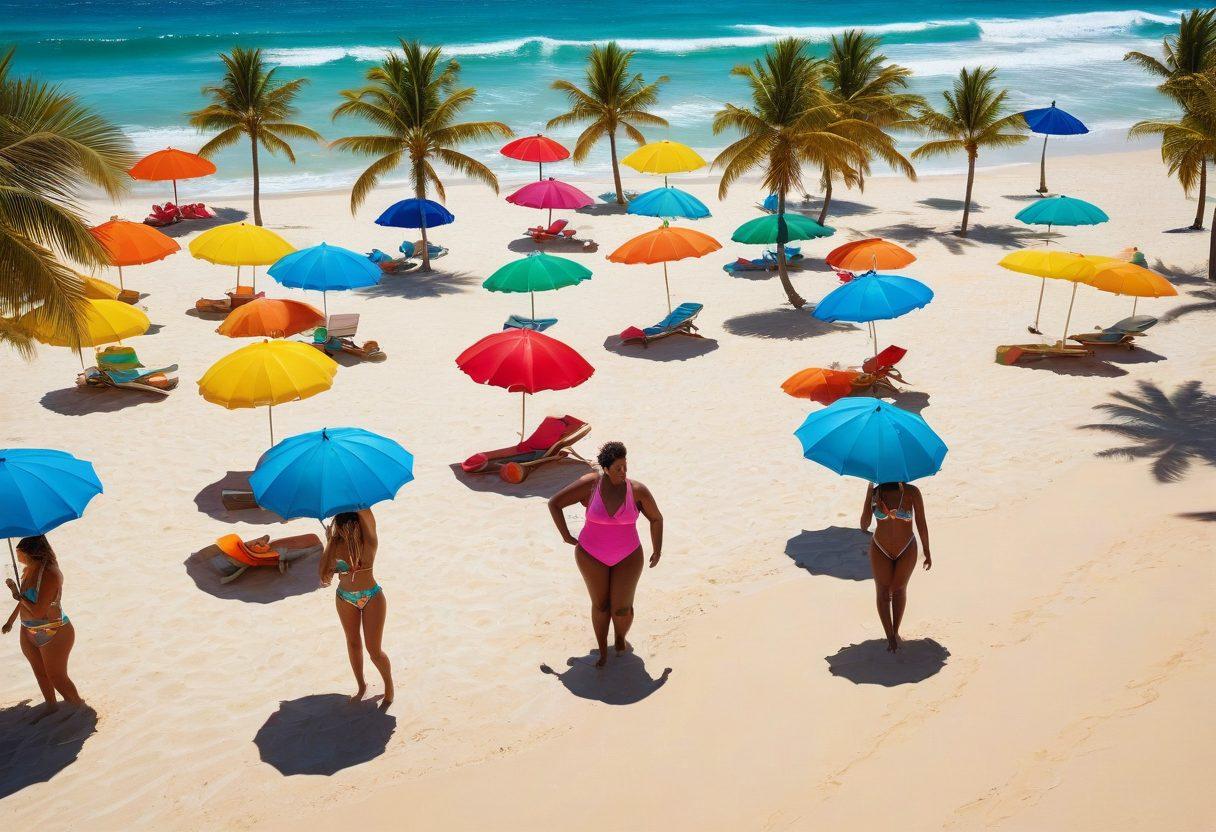 A stunning beach scene showcasing models confidently flaunting an array of vibrant and bold swimwear styles, merging sensuality with fashion. The background features rolling waves, sun-kissed sand, and a bright blue sky, while the models exude diverse body positivity with playful poses. Include tropical elements like palm trees and colorful beach accessories. super-realistic. vibrant colors. 3D.